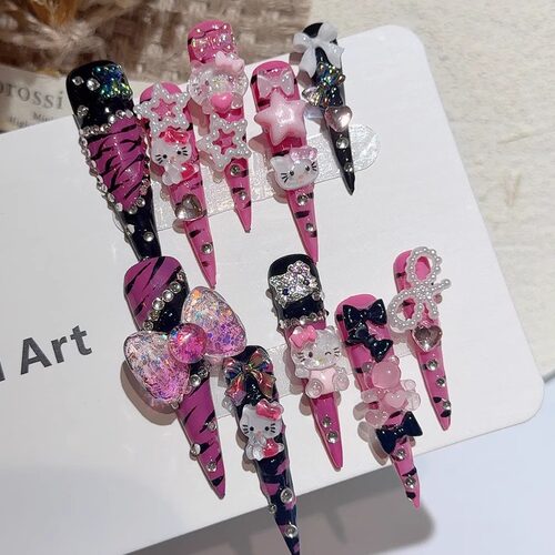 5.0超长尖手绘斑马纹kt猫辣妹穿戴甲高级个性美甲亚文化甜酷重工