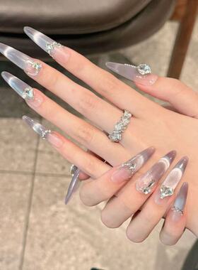 【紫玉瑶光】纯手工爆款细狗尖穿戴甲紫色成品高级猫眼显白美甲贴