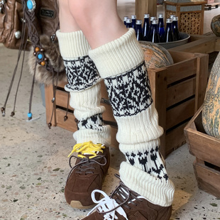 复古白色费尔岛羊毛袜套女加厚保暖翻边堆堆袜秋冬款针织护膝腿套
