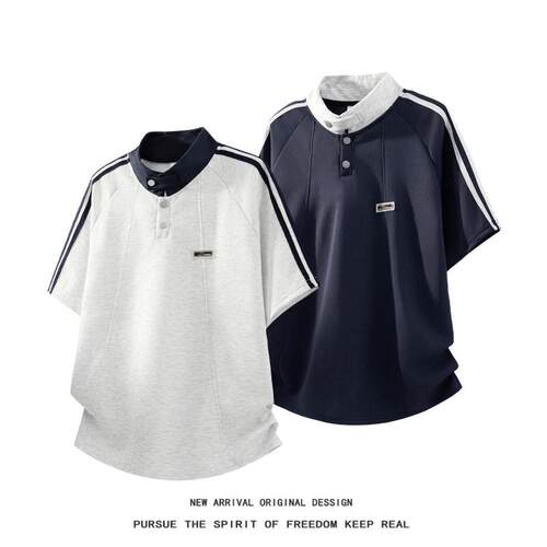 美式复古三条杠拼色polo衫短袖男夏季学院风亨利领五分袖T恤上衣