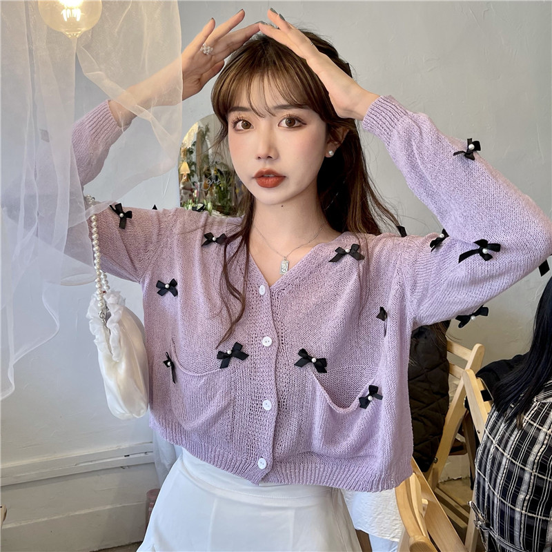 Real shot / real price Korean version bowknot cardigan top with super craft design and sunscreen shirt