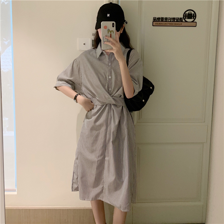 Real shot real price Korean summer design kink two wear striped shirt dress