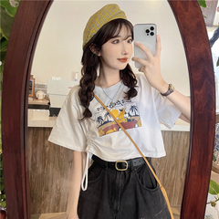 Real shot real price Korean design sense drawstring loose print short shirt