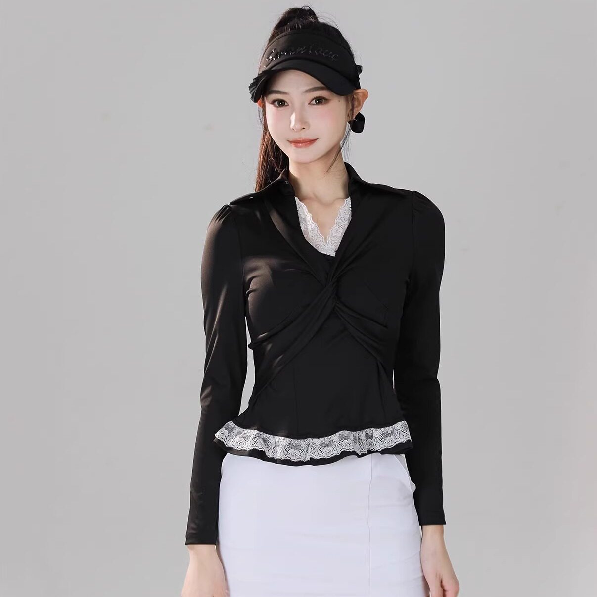 新款高尔夫女装长袖V领收腰显瘦