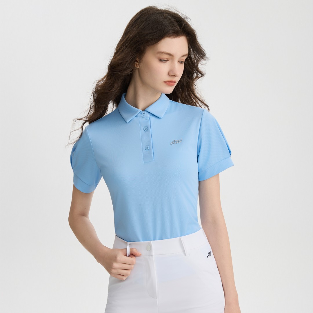 AW乐为高尔夫服装女士翻领POLO衫短袖golf上装修身速干泡泡袖显瘦