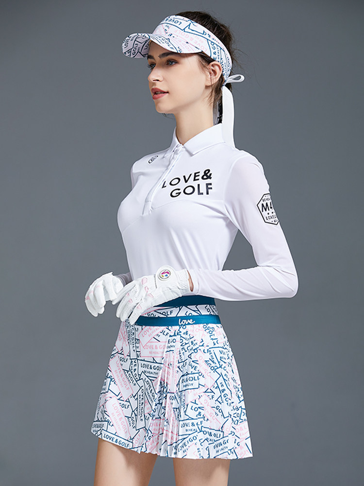 golf长袖t恤印花百褶短裙网球裙