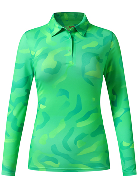 OC高尔夫服装女士长袖迷彩印花POLO衫绿色修身高弹运动上衣印花款