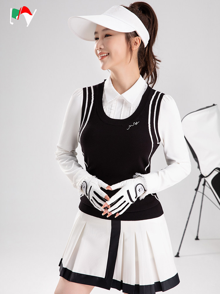 MY高尔夫女装秋冬套装高端白色上衣golf球衣服韩针织背心高腰短裙