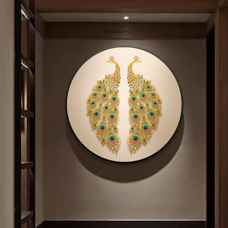 东南亚风格圆形金孔雀玄关招财装饰画中国风酒店餐厅入户门厅挂画图片