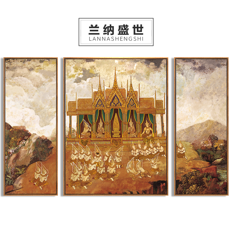 东南亚泰式风格建筑装饰画泰国房子壁画沙发背景墙三联画酒店挂画图片