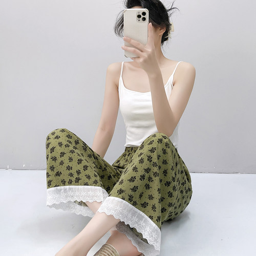 碎花棉绸睡裤女夏薄款宽松阔腿裤