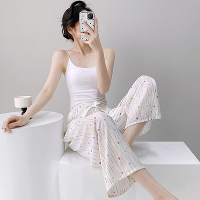 夏季棉绸睡裤女薄款田园风阔腿裤