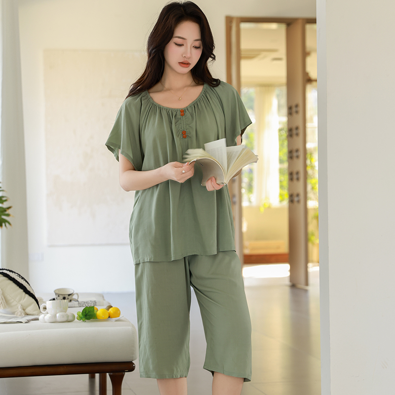 纯色棉绸睡衣女夏季薄款短袖套装