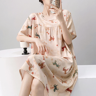夏季棉绸睡裙女薄款甜美短袖睡衣宽松大码春秋家居服连衣裙沙滩裙