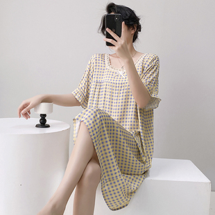 夏季 睡衣甜美宽松人造棉连衣裙可外穿家居服 棉绸睡裙薄款 少女短袖