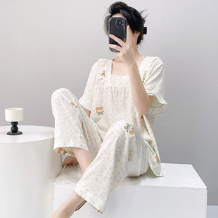 甜美棉绸睡衣少女夏季薄款卡通人造棉短袖长裤两件套装春秋家居服