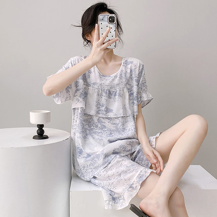 夏季棉绸睡衣女薄款短袖短裤防凸点套装高级人造棉大码外穿家居服