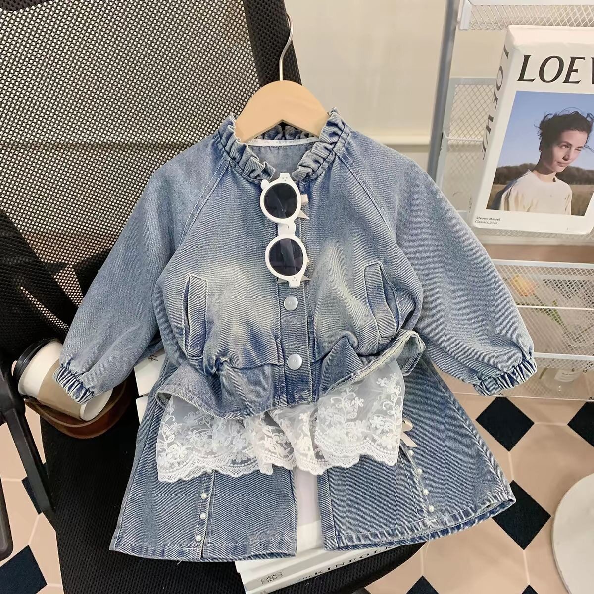 秋季女童牛仔套装新款女孩秋装洋气时髦网纱下摆外套牛仔裤两件套