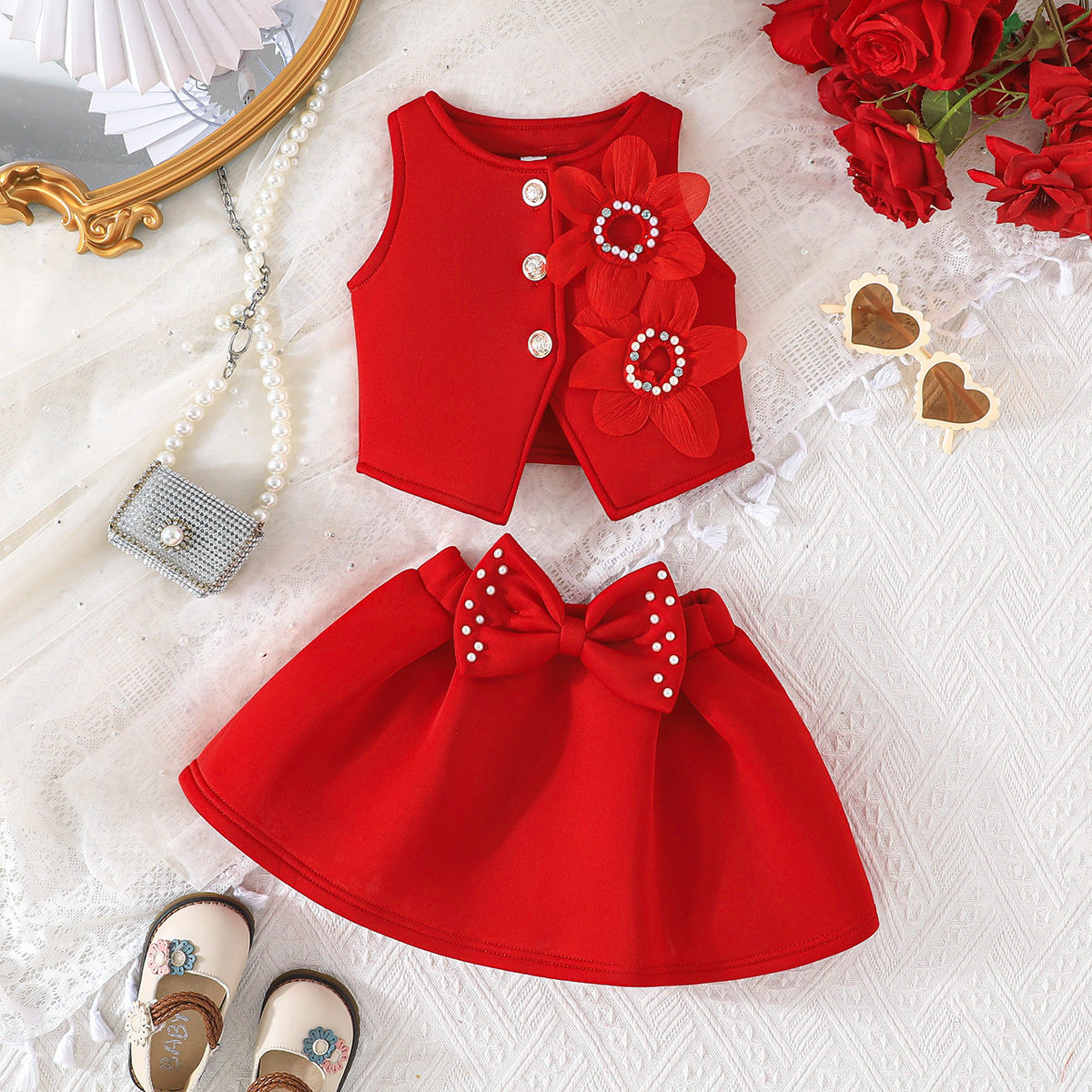 2026夏季新款女童1-5岁花朵装饰无袖马甲上衣短裙套装背心半身裙