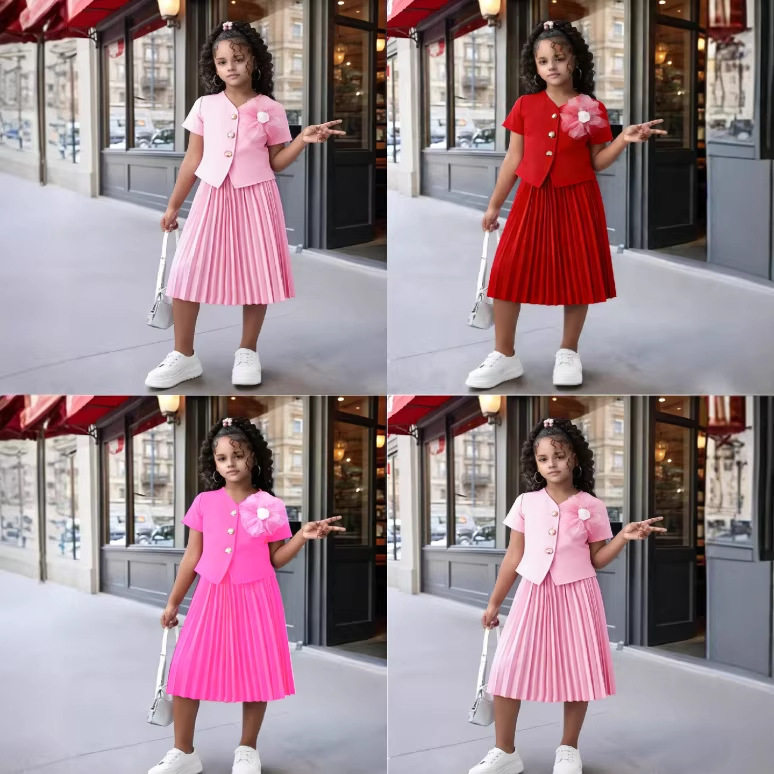 2026夏季女童纯色西装短袖小外套百褶半身长裙女童礼服裙两件套装