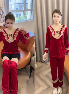 秋季金丝绒韩版蕾丝花边长袖睡衣女大码显瘦洋气时尚家居服套装