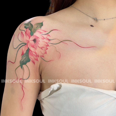INKSOUL莲枝漫肩国风荷花纹身贴