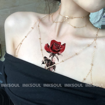 INKSOUL心口朱砂血色玫瑰纹身贴