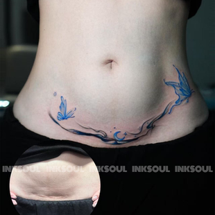 沁蓝蝶梦 | 纯欲蝴蝶遮盖疤痕腹部纹身贴高级性感妊娠纹防搓可洗