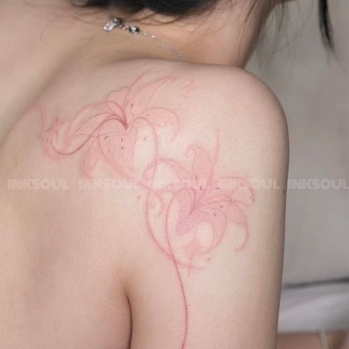 INKSOUL 唯美粉百合纹身贴花瓣肌肤花卉仙气防水遮疤ins风肩膀贴