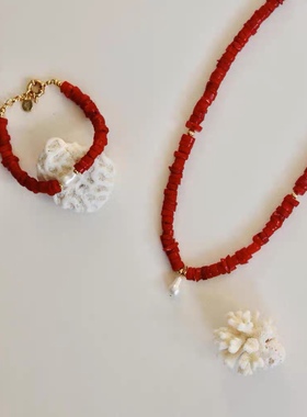 Gemisland南法小众风情 红色珠珠夏日珍珠coral项链手链bamboo