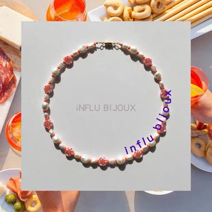 原创小众设计天然巴洛克珍珠大红色琉璃雏菊锁骨带ins项链chocker