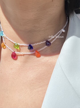 原创设计 天然多彩宝石托帕石珍珠 彩虹泪滴choker短项链颈链限量