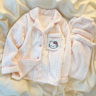 女童秋冬季睡衣长袖长裤甜美可爱翻领开衫中大童法兰绒家居服套装