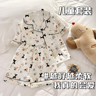 夏季新款卡通黑点小狗儿童睡衣云朵棉短袖短裤男孩简约家居服套装