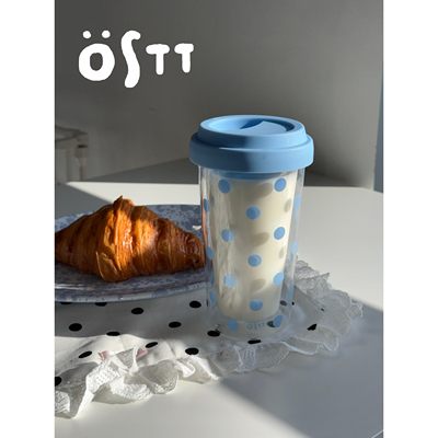 〈BluE Dot〉OSTT1722原创设计双层耐热耐冷清透带盖玻璃杯