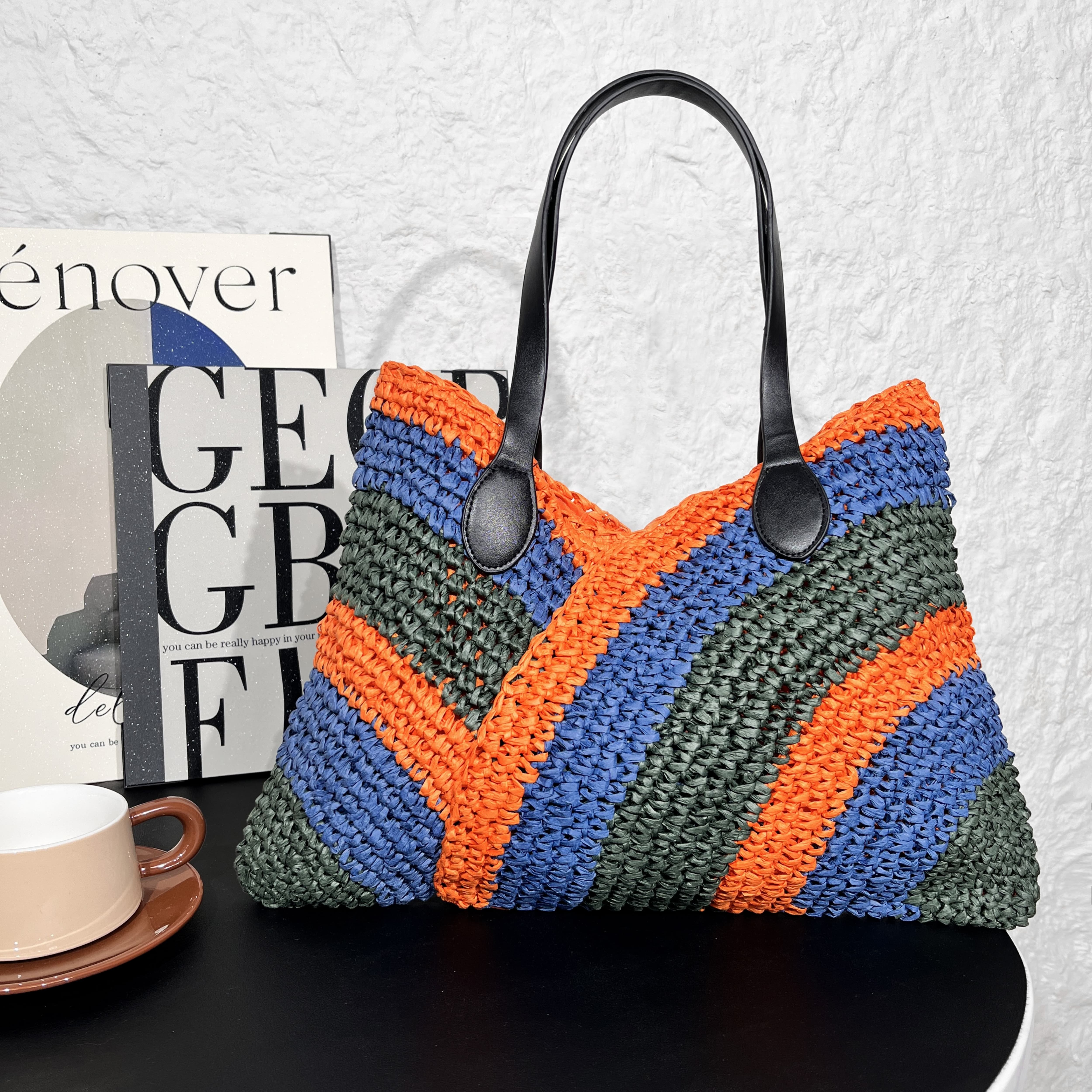 店长推荐纯手工编织包彩色拼接手提包夏日沙滩手拎包简约百搭女包