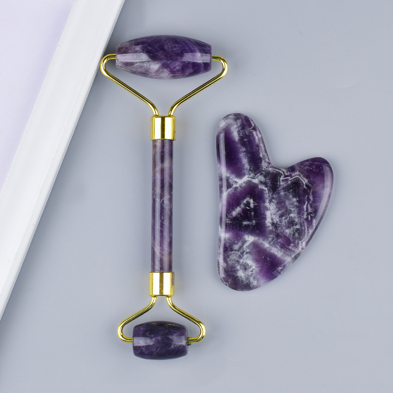 天然紫水晶刮痧板玉石养生按摩滚轮棒美容脸部滚动器玛瑙双头滚轮