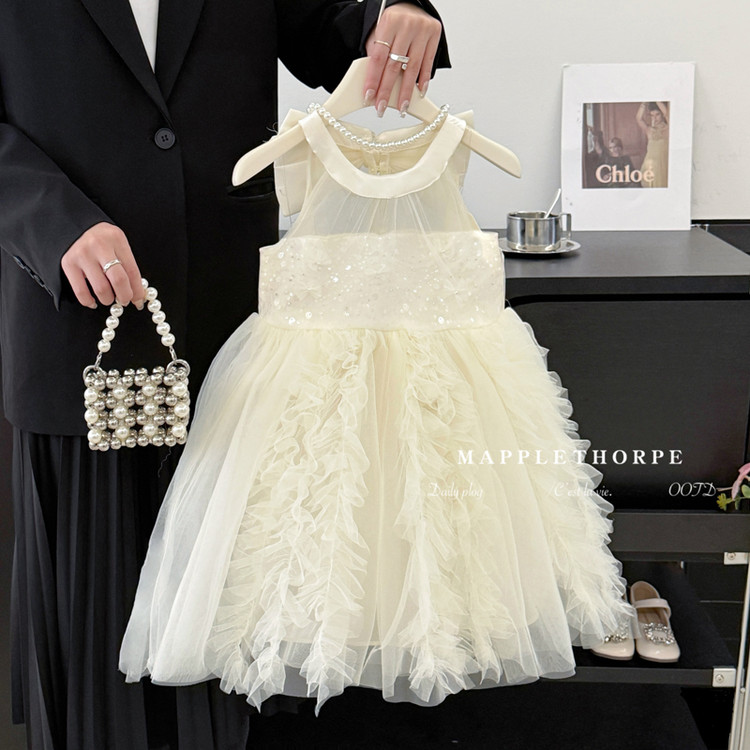 2025新款春季女童公主裙米色粉色蓬蓬裙生日礼服儿童连衣裙宴会
