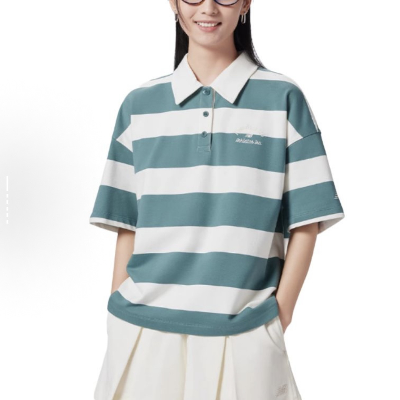 New Balance 条纹POLO领套头短袖Polo衫 女款 绿色NFE22412-GRN
