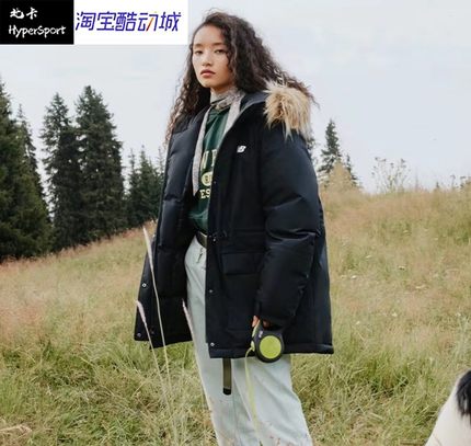 New Balance 防风运动中长款连帽羽绒服AMJ33330-BK