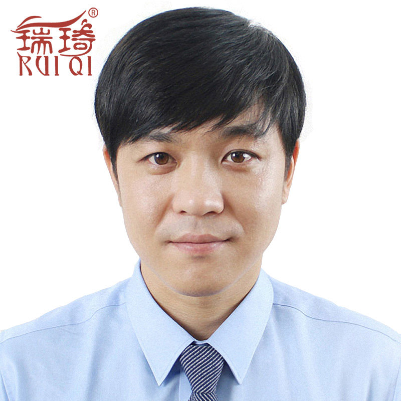 新款中老年男士短直发真发男性假发中年人短发整顶手织递针斜刘海