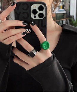 绿色烤漆戒指糖果色ins高级感不规则夸张圆形珐琅滴釉指环