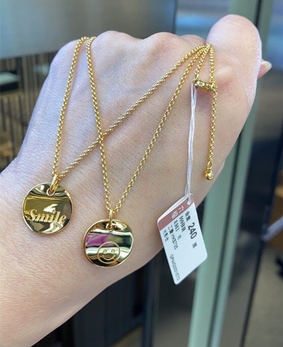 香港六福珠宝专柜正品999.9黄金光影金系列微笑笑脸圆牌黄金项链
