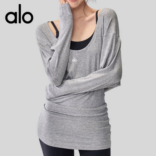 AIo健身女大U领瑜伽服罩衫蝙蝠袖长款普拉提长袖宽松遮臀运动上衣
