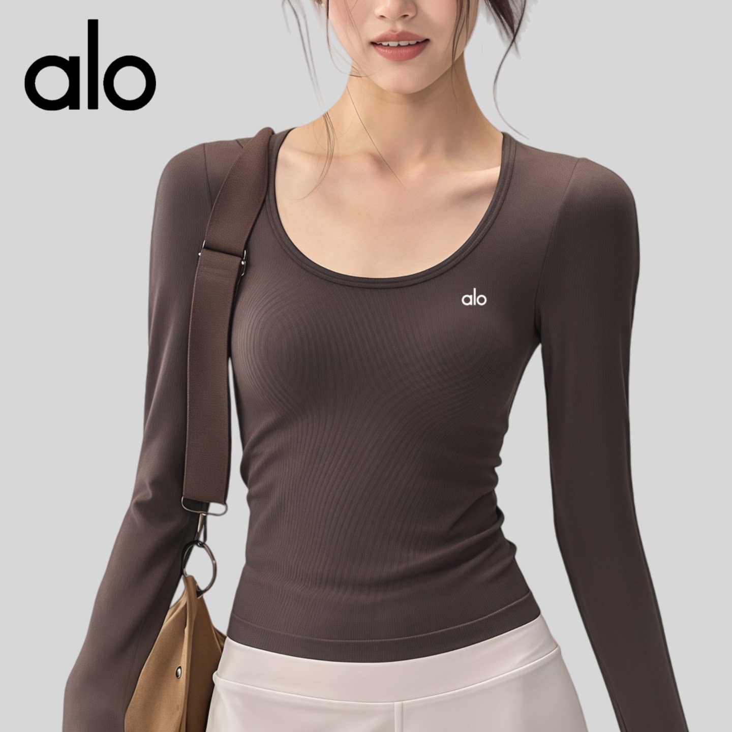 AIo带胸垫瑜伽服U领显瘦普拉提长袖修身高弹螺纹运动上衣秋