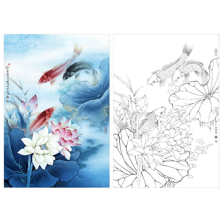 kb21李晓明工笔花鸟白描底稿工笔荷花鲤鱼工笔有步骤图及文字解析