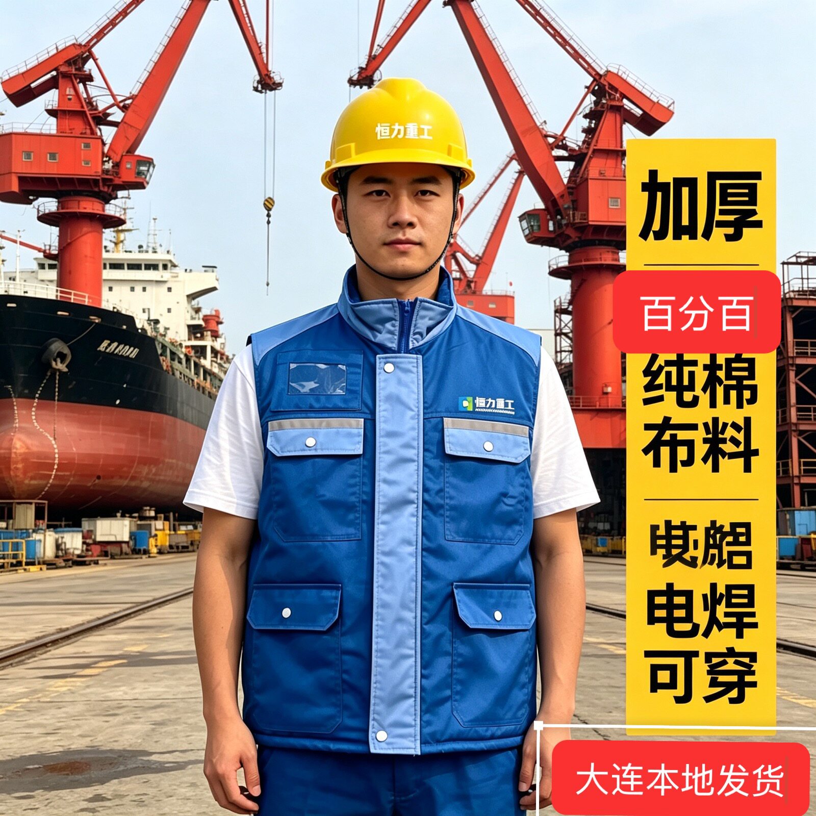 大连恒力重工纯棉加厚棉马甲电焊打磨抗烫冬季防寒保暖船厂工装