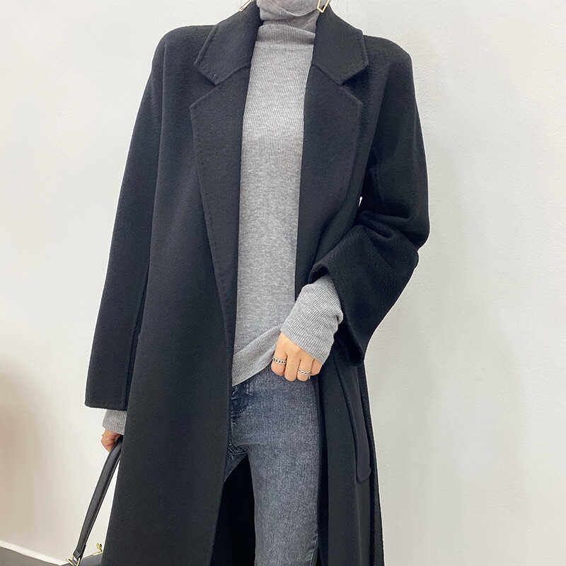 羊范黑色中长款双面羊毛大衣女2024年新款宽松加厚秋冬毛呢外套女