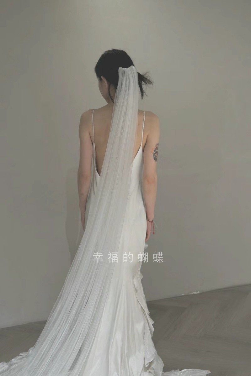头纱头饰超仙森系韩式长款拖尾单层简约百搭软纱新娘素纱高级感白