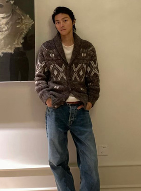 BC陈伟霆同款羊驼毛混纺费尔岛青果领提花针织开衫毛衣高级静奢